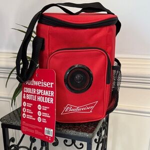 NWT Budweiser Red Portable Cooler with Bluetooth Speaker Bag